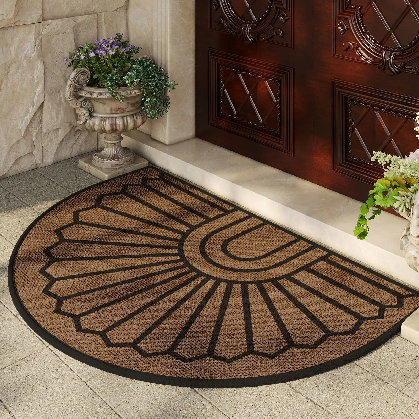 Floor Mat Non Slip Half Round Doormat Boho Washable Door Mat Flower Floral Absorbent Entrance Mat Indoor Outdoor Door Mat