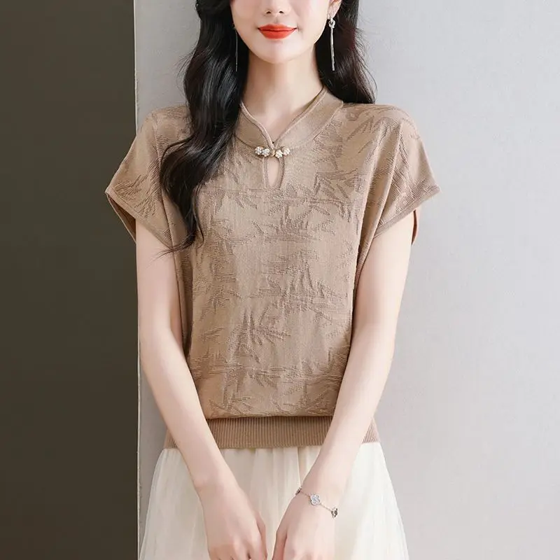 Chinese Style Stand Collar Fashion Short Sleeved T-shirt Women\'s Solid Jacquard Patchwork Embroidery Hollow Out Button Thin Tops