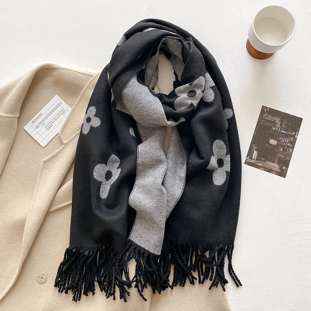 أنيقة الزهور الجاكار الصوف فو شال كشمير وشاح طويل المرأة شتاء دافئ منديل ربيع الخريف يلتف مزدوجة الجانبين