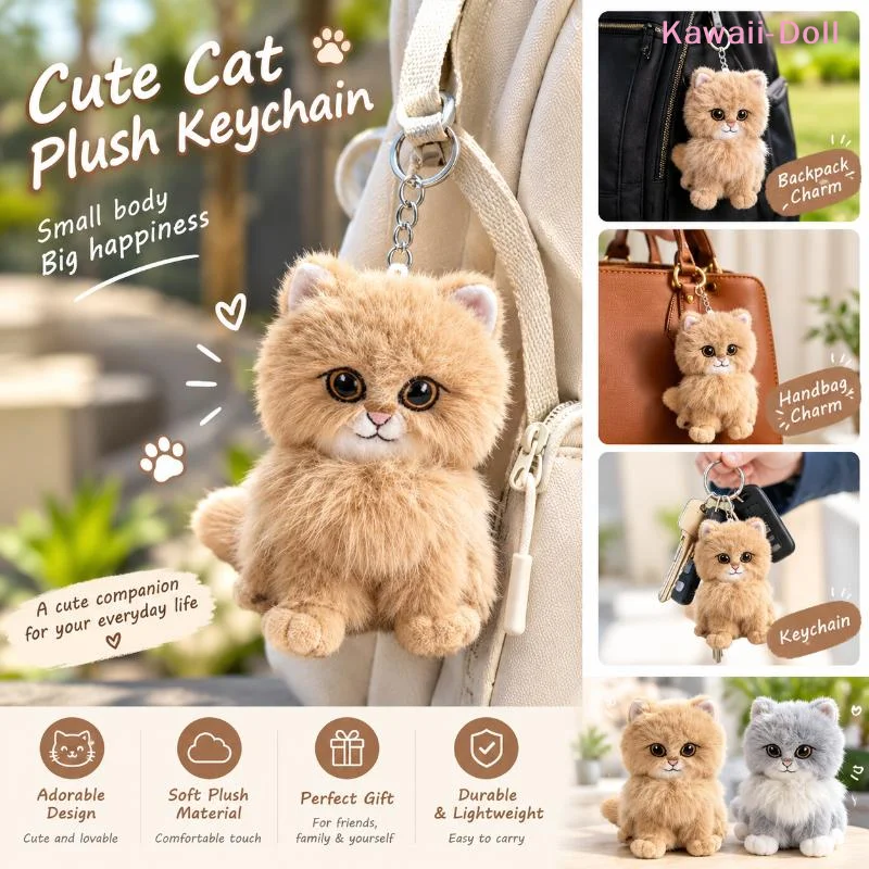 [DO]Cute Cartoon Kitten Pendant Cat Keychain Metal Clip Furry Texture Soft Realistic Kitten Shape Bag Charm Animal Keychain Gift