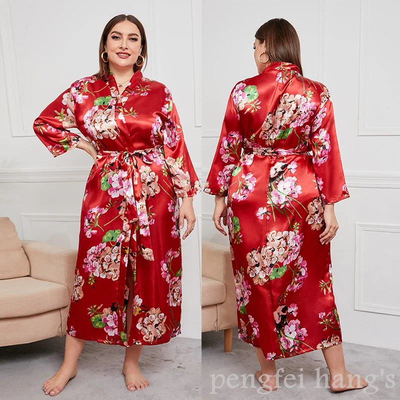 Satin Long Sleeve Bathrobe for Women Big Size 4Xl 5Xl Nightgown Sexy V-Neck Kimono with Belt Loose Home Wear Sexy Print Robe