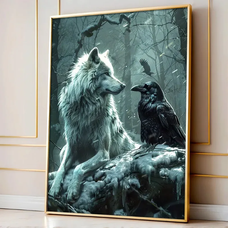 

1pc Unframed Fantasy Wolf and Crow Canvas Wall Art Poster, Perfect for Halloween, Living Room Bedroom, Office Decoration