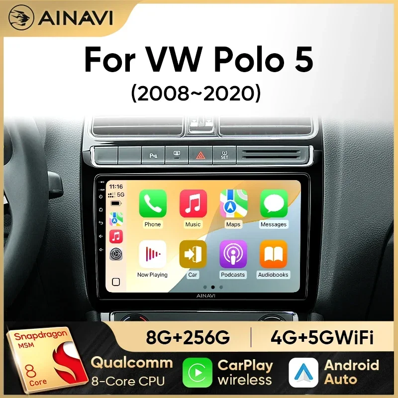Ainavi Car Multimedia For VW Volkswagen POLO 5 2008-2017 Vento Wireless Carplay Android 13 Auto Car Radio Stereo 48EQ DSP 2 Din