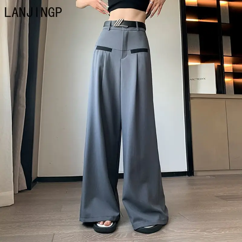 

High-end gray suit pants women's summer new small loose and thin casual straight mopping wide-leg pants