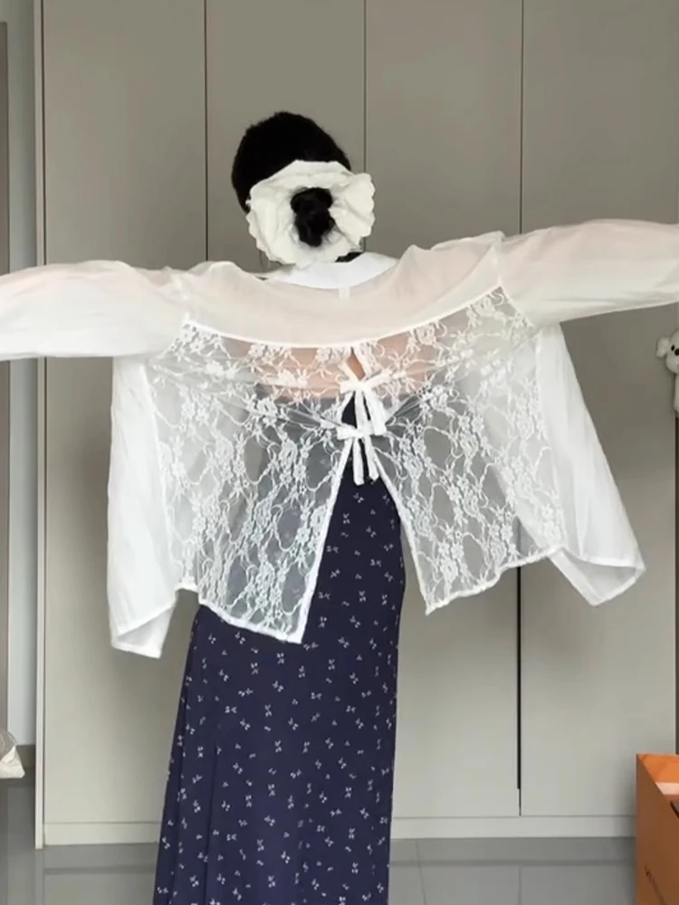 

White Lace Trim Sun Protection irt Women's Summer Bal Split Casual Sle Top Hollow Design French Sle Loose Fit irt