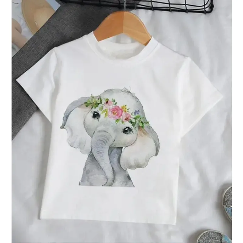 Fashion Elephant Funny Kawaii Girls Clothes Streetwear Boys Shirts Round Neck Baby Girl Tops Cartoon Casual Kids T-shirt