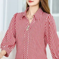 Female Clothing Commute Striped Shirt Casual Loose Fashion Turn-down Collar Chic Button Spring Summer 3/4 Sleeve Loose Blouse