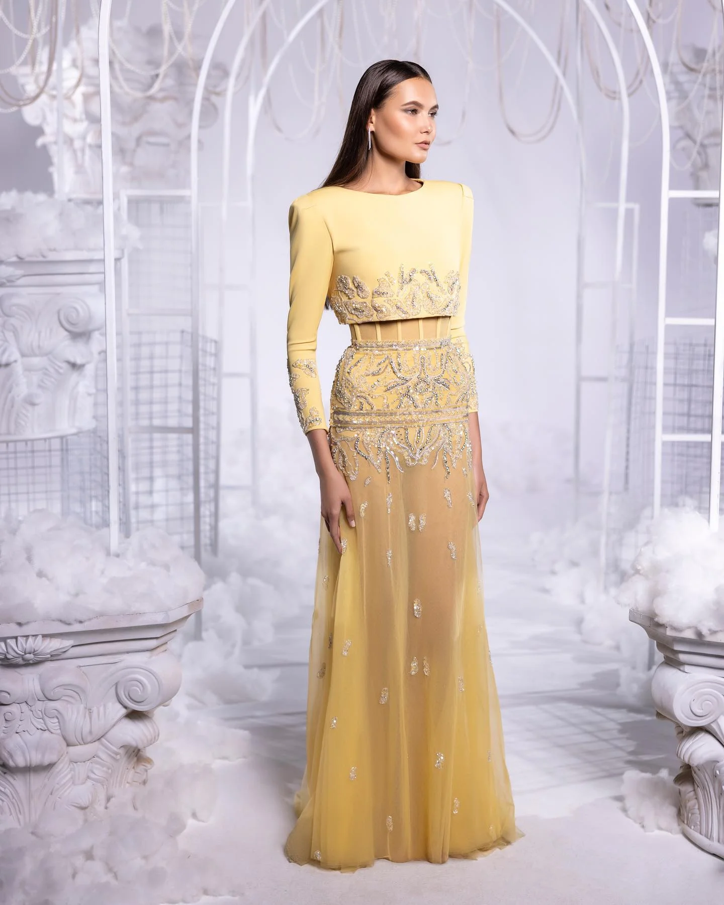 New Arrival Yellow Long Sleeves Two Pieces Beaded Floor Length فساتين السهرة vestidos de fiesta فساتين سهره evening dresses
