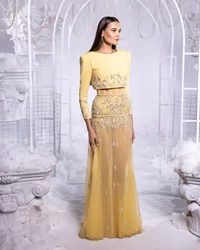 New Arrival Yellow Long Sleeves Two Pieces Beaded Floor Length  فساتين السهرة vestidos de fiesta  فساتين سهره evening dresses