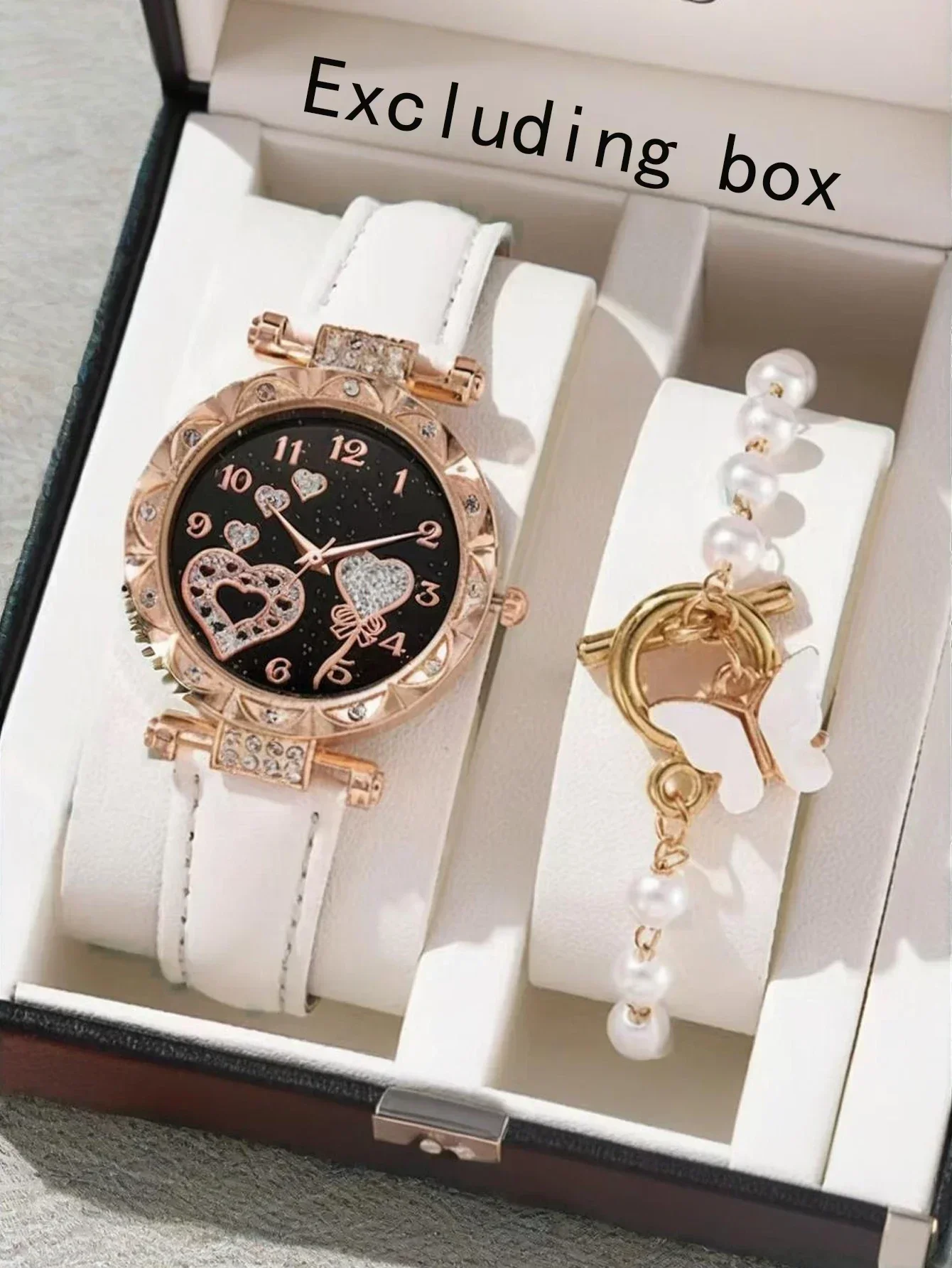 2-piece/set Luxury Ladies Heart Rhinestone Dial Quartz Watch Black Leather Band Pearl Butterfly Bracelet Set Reloj Mujer No Box