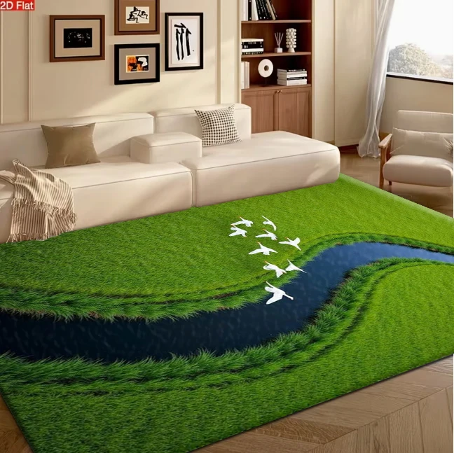 Green Grass Winding River White Geese Carpet Flooring, Fresh Natural Landscape Non-Slip Floor Rug for Living Room Bedroom Home Decoration