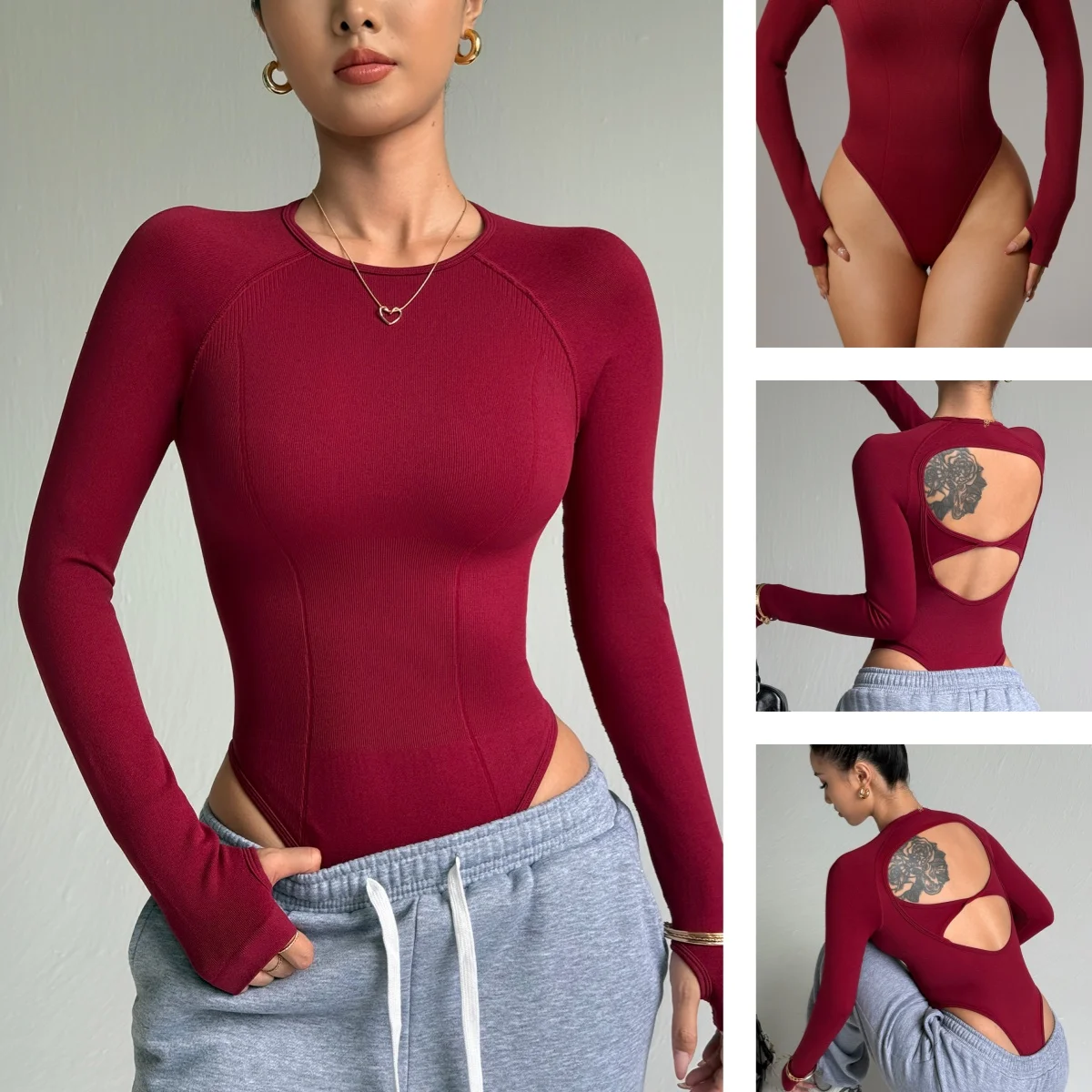 

Hollow-out Back Long Sleeve Sexy Bodysuit Women Wine Red Autumn Winter Body Top Casual Lady Bodysuits Fashion New