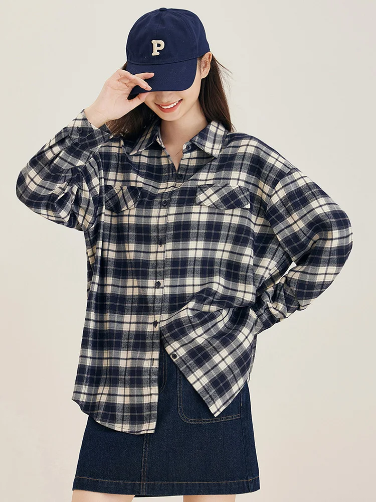 Nueva Mujer Primavera Otoño Plaid Shirt Moda cuello vuelto Manga Larga Camisa Suelta Delgado Casual de todos los partidos Tops Mujeres