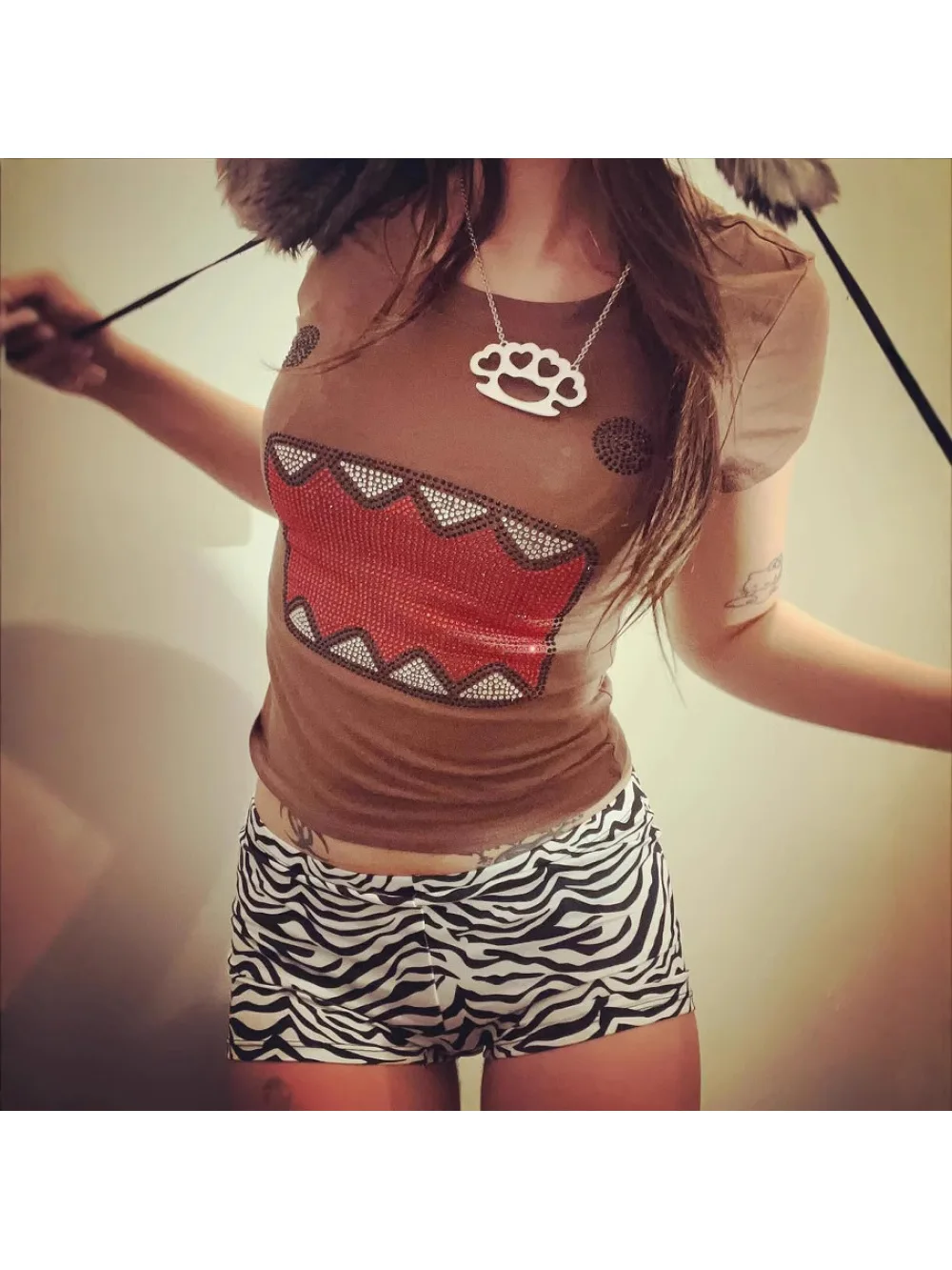 New Summer Y2K Hot Diamond Mocha Army Pattern Short Sleeve Spicy Girl Top Retro Cute Cartoon Flash Diamond Street Trendy Niche