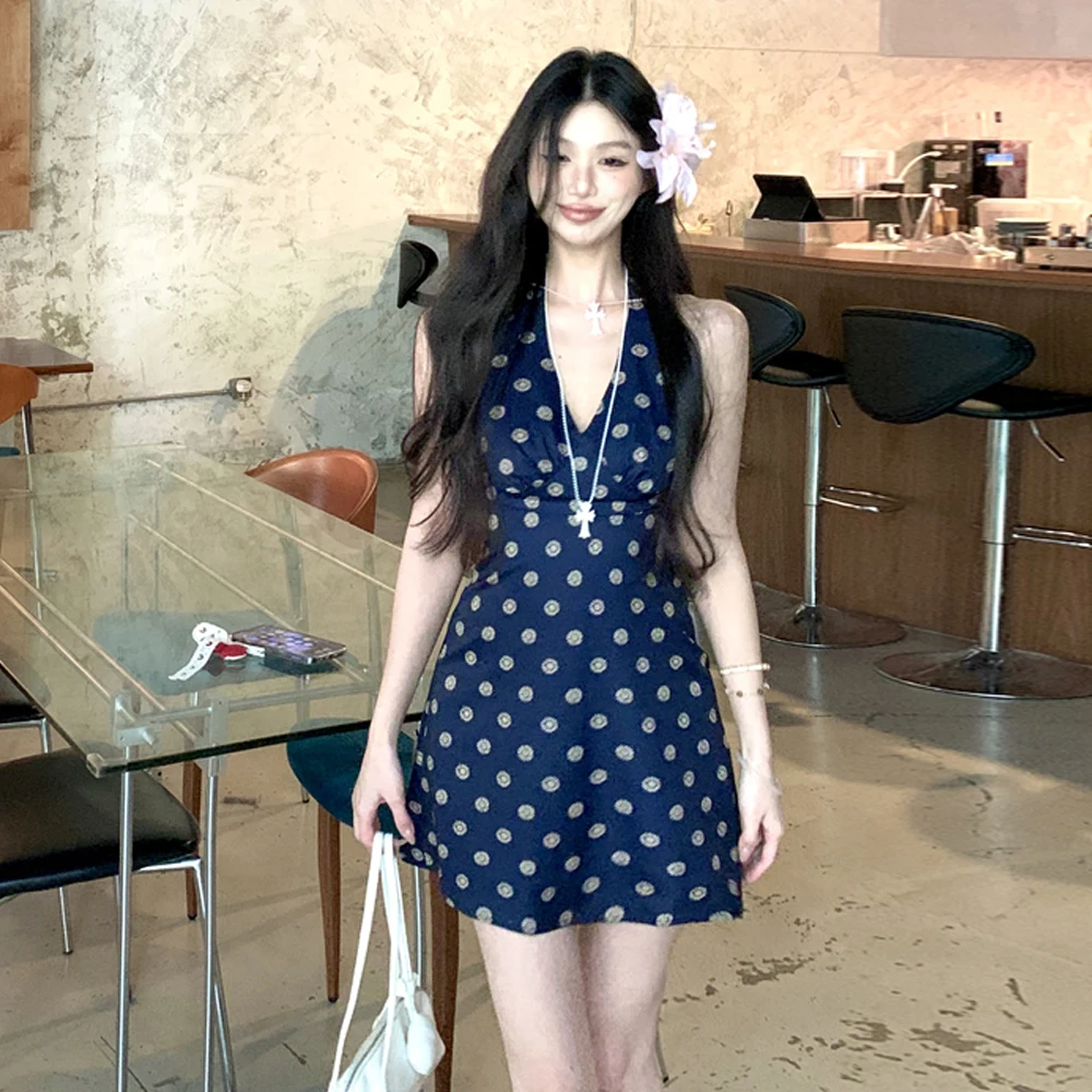 Sexy Chic Deep V Neck Backless Polka Dot Waist Cinched a Line Short Dress Trendy Strapless Gown for Young Women Summer Wear