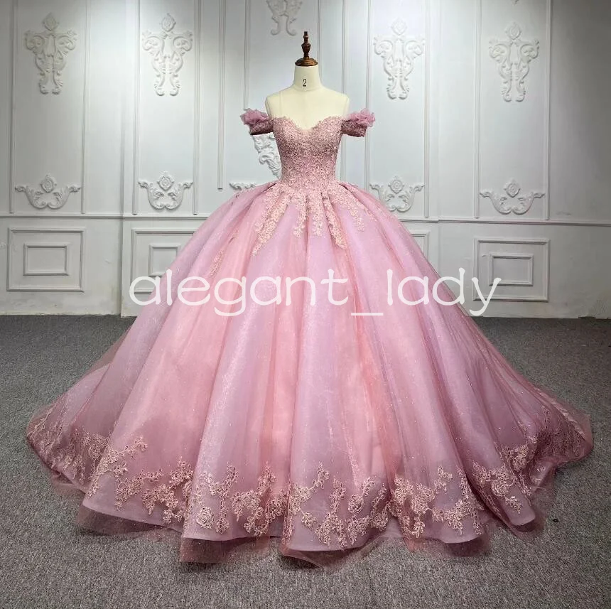 Rosa rosa fora do ombro vestidos Quinceanera, vestidos de baile com saia de renda, espartilho frisado, 15 anos