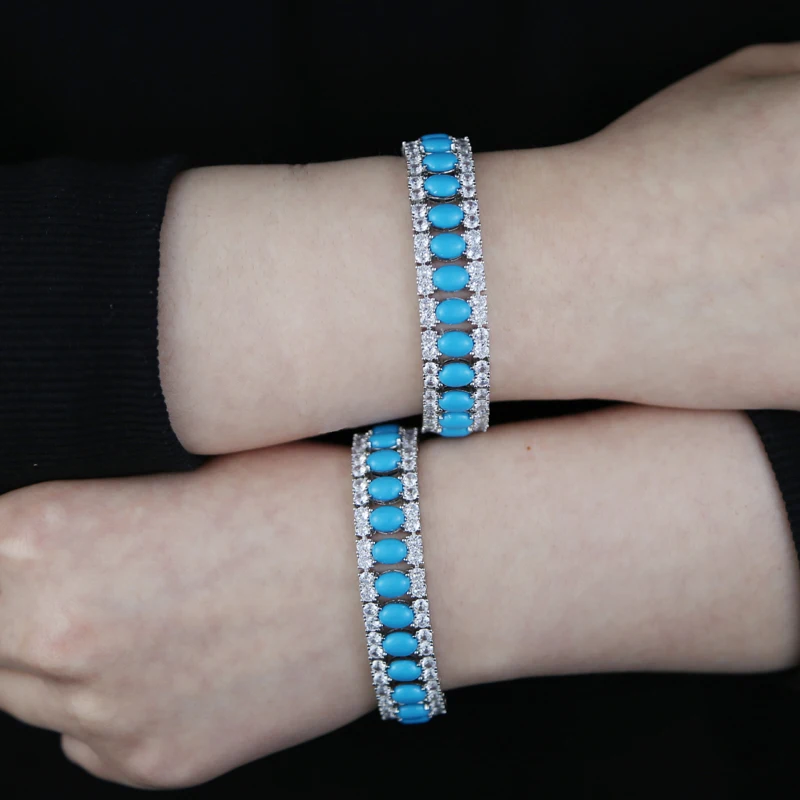 Fashion Jewelry Turquoise Blue Double Row White CZ Stone Tennis Bracelet for Women with Platinum Plated Color Chain 17cm 19cm