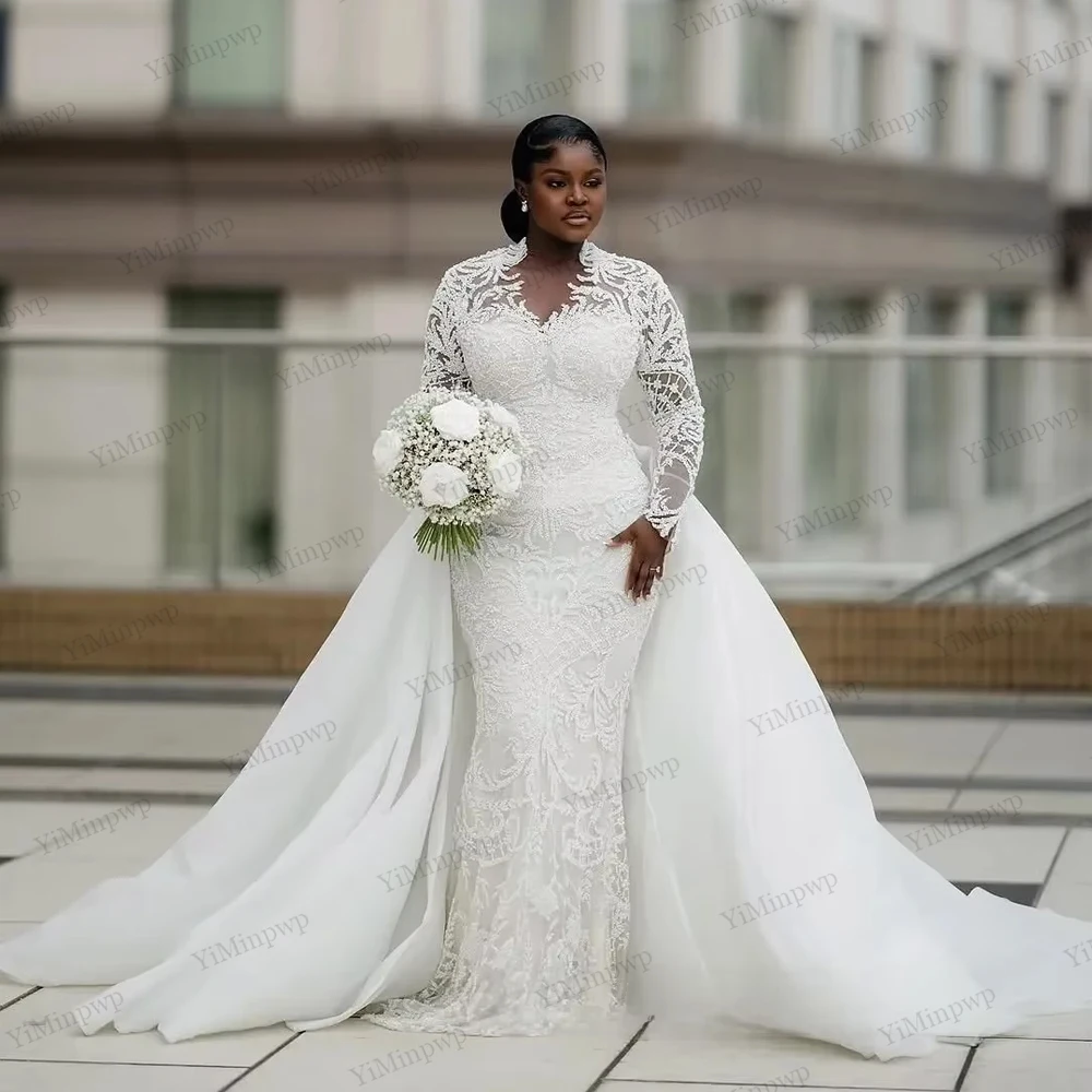 

Африканское свадебное платье русалки больших размеров по индивидуальному заказу, иллюзия со съемным шлейфом и длинными рукавами, кружевные свадебные платья из бисера для невесты