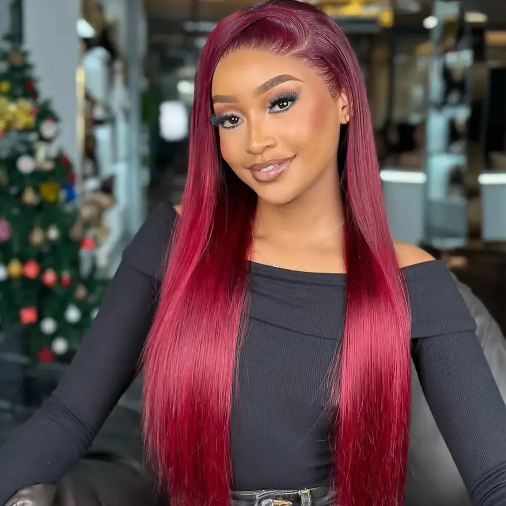 Parrucca anteriore in pizzo bordeaux 99j per capelli umani 34 36 pollici 13x6 parrucche frontali in pizzo dritto HD parrucca rossa colorata in pizzo trasparente per le donne