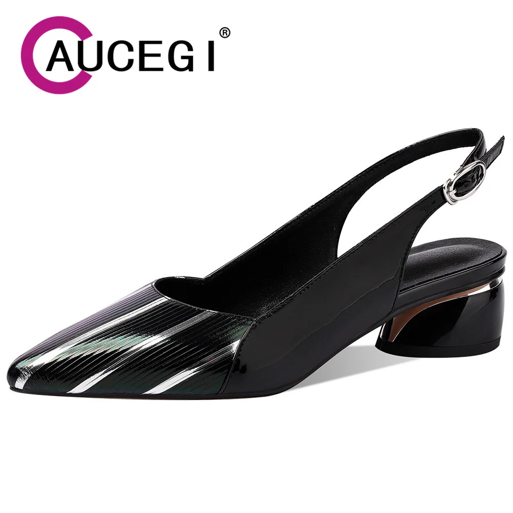 

Aucegi Spring Mixed Color Genuine Leather Slingbacks Pumps Women Pointed Toe Buckle Thick Heels Office Handmade Shoes Big Size