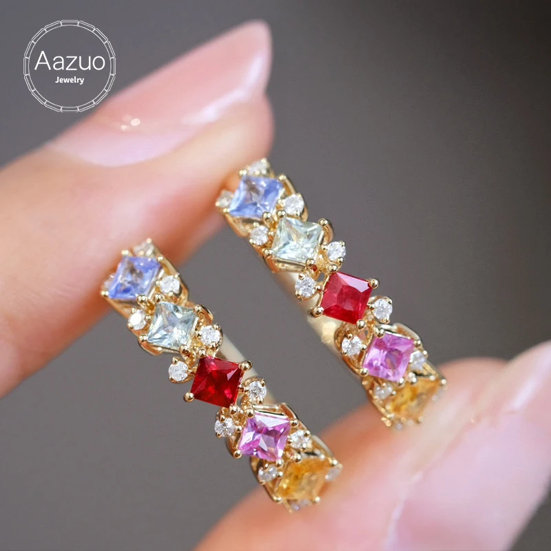 

Aazuo 18K Yellow Gold Natrual Different Color Sapphires Romantic Rainbow Ring Gifted For Woman Wedding Day Deluxe Banquet Party
