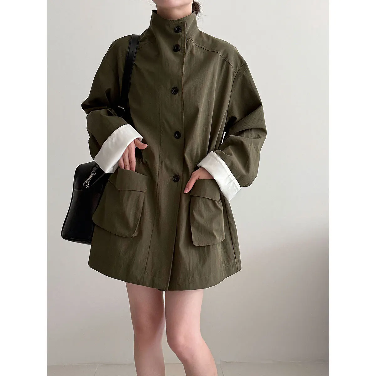 

SuperAen Korean Style Stand-up Collar Loose Drawstring Trench for Women Autumn New Large Pocket Design Coats