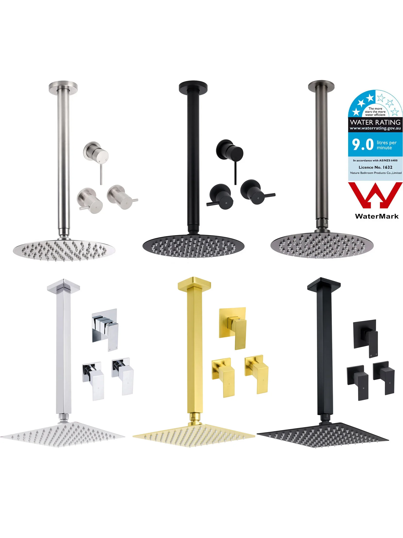 **Sydney Stock** KYLINS Brushed Gold Gun Metal Chrome Black 8-16'' Rain Shower Head Set Ceiling Arm Mixer Taps WELS WATERMARK