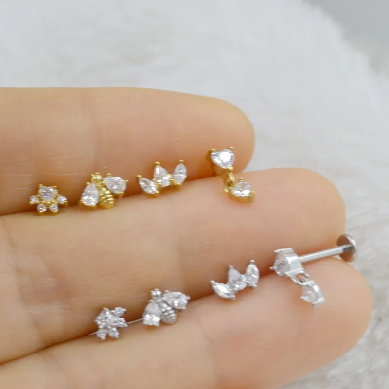 Lot50pcs Fashion Jewelry- CZ Men/Women  Earrings Ear Studs/Earring Stainless Steel Piercing Lip Labret Helix Tragus Studs