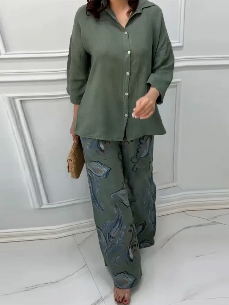 Women Cotton V-neck Two Piece Sets Spring Autumn Casual Long Sleeve Pocket Shirts 2 Piece Set Fashion Loose Wide Leg Pants Suit