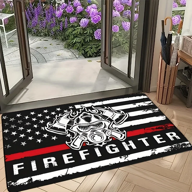 1pc Vintage‑Firefighter‑Flag‑Pattern Rectangular Area Rug, Indoor Floor Mat for Living Room, Bedroom, Office, Home Decor