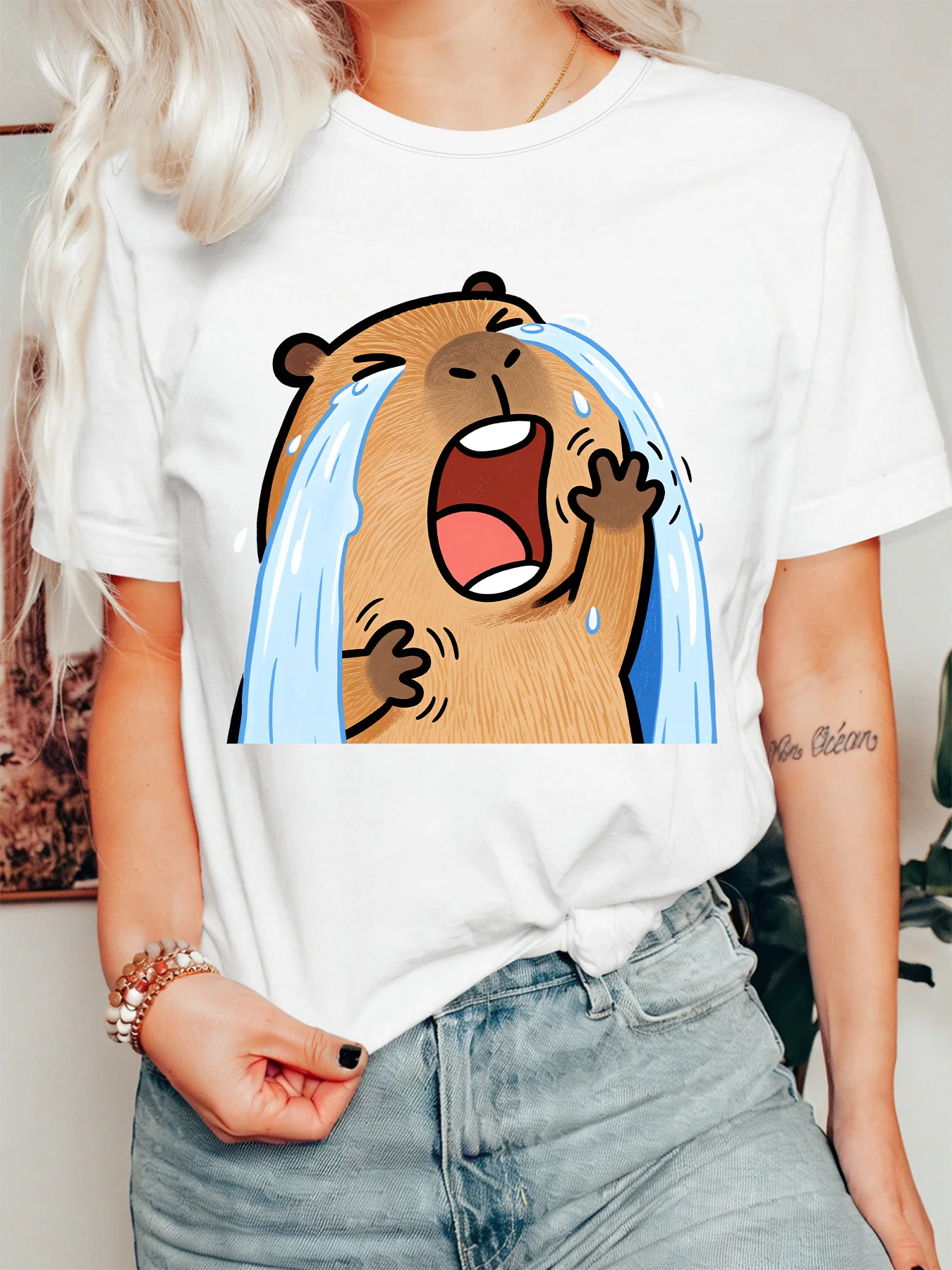 Hilarious Crying Capybara Meme Womens T Shirt Vivid Emotional Animal Cartoon Graphic Tee Short Sleeve Casual Daily Ladies Tops