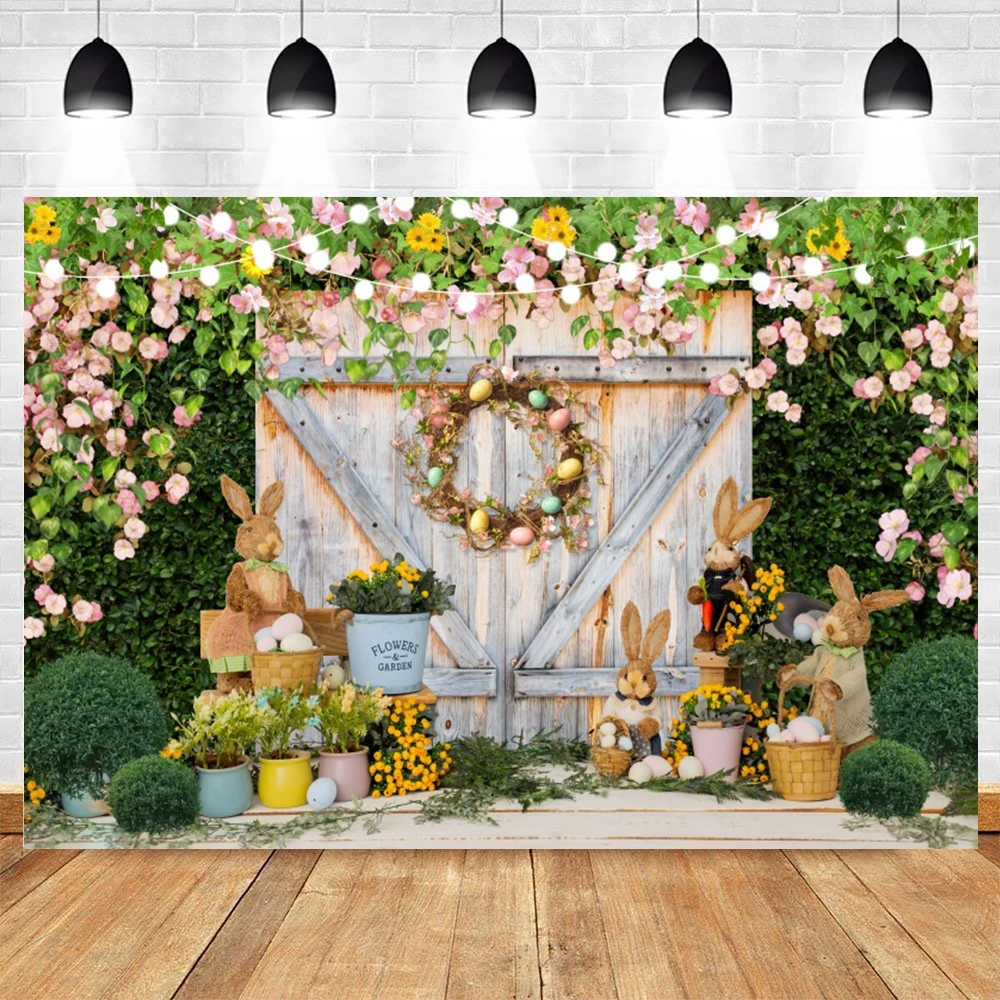 Easter Backdrop for Photography 2024 Spring Garden Rabbit Eggs Flower Wooden Board Bunny Easter Baby Portrait Photo Background