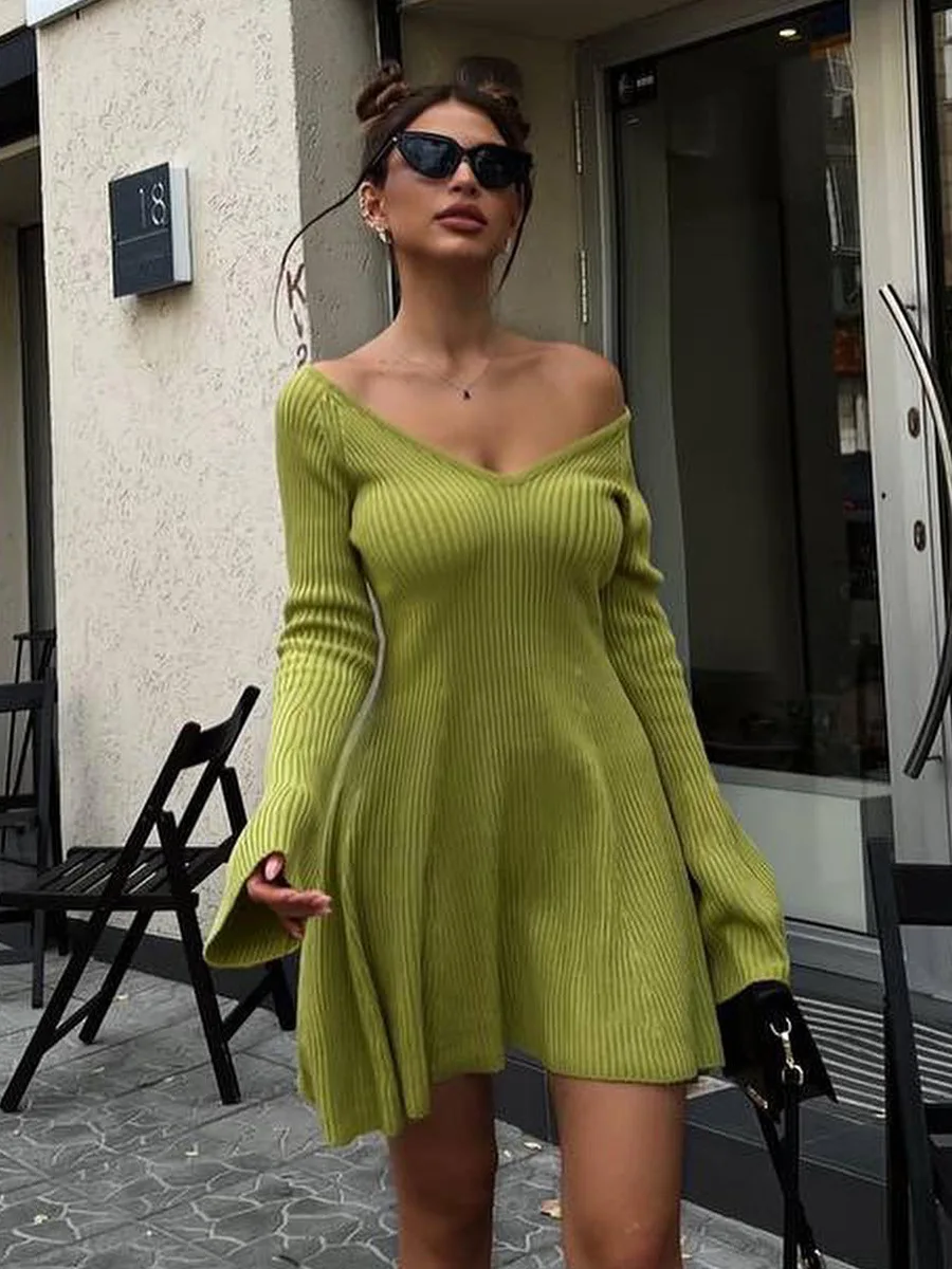 New Sexy Knit Mini Dress For Women Autumn Off-the-shoulder Long Sleeves Sheath Dress Club Elegant Bodycon Party Dresses Female