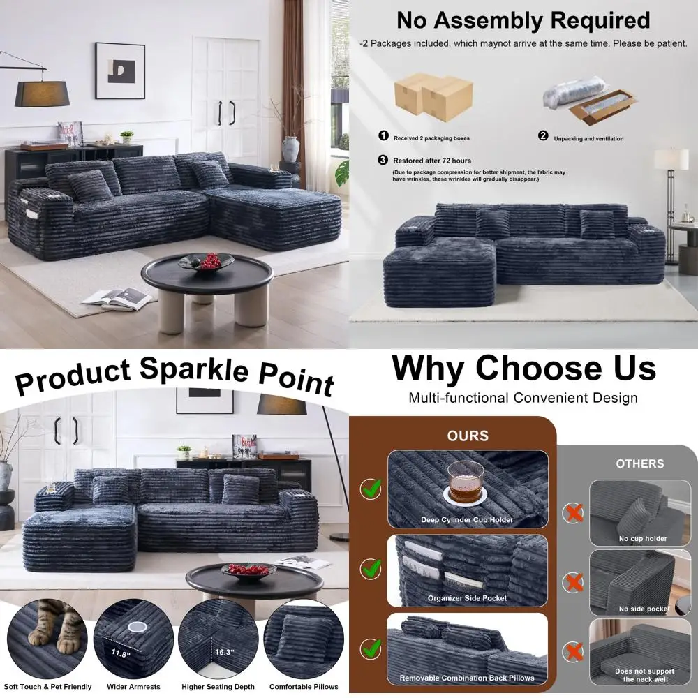 

Современный модульный L-образный диван с глубоким сиденьем, шезлонгом, подстаканниками и карманами для хранения вещей в гостиной.