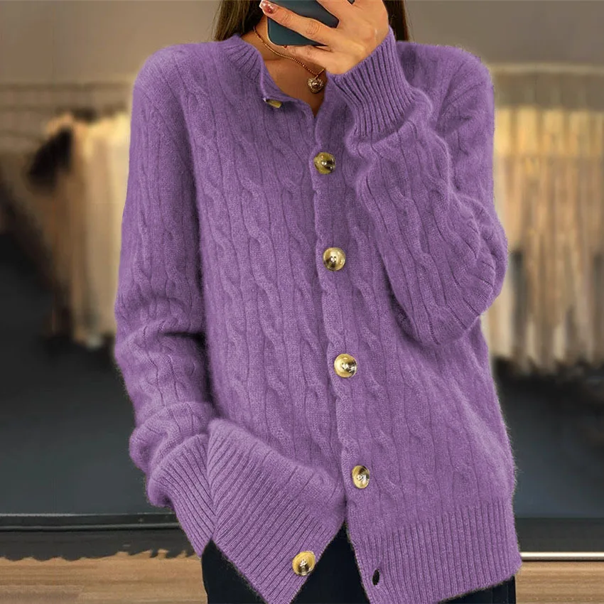 

Осень-зима, однотонный жаккардовый вязаный кардиган с длинными рукавами и круглым вырезом, женский свитер в стиле ретро