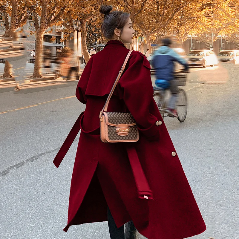 New Fall Winter Elegant Wool Jacket Women Loose Chic Wine Red Woolen Coats Double-Breasted Cashmere Woolen Long Overcoat Female