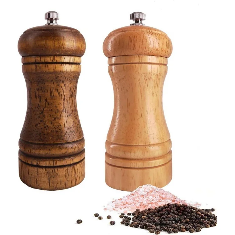 Salt and Pepper Grinders Set Manual Wooden Mills Shakers, Ceramic Rotor with Strong Adjustable Coarseness (5.5inch)
