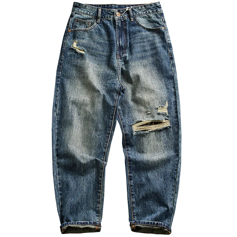 جينز ممزق مخصص للرجال، ساق مستقيمة فضفاضة، سراويل جينز واسعة الساق رائعة وعصرية للشارع