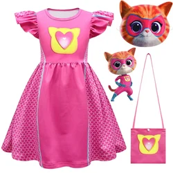 Kids SuperKitties Cosplay Costume Cartoon Super Kitties Printed Girl Dresses Clothes Children Fly Sleeve Casual Dress + Mask+bag