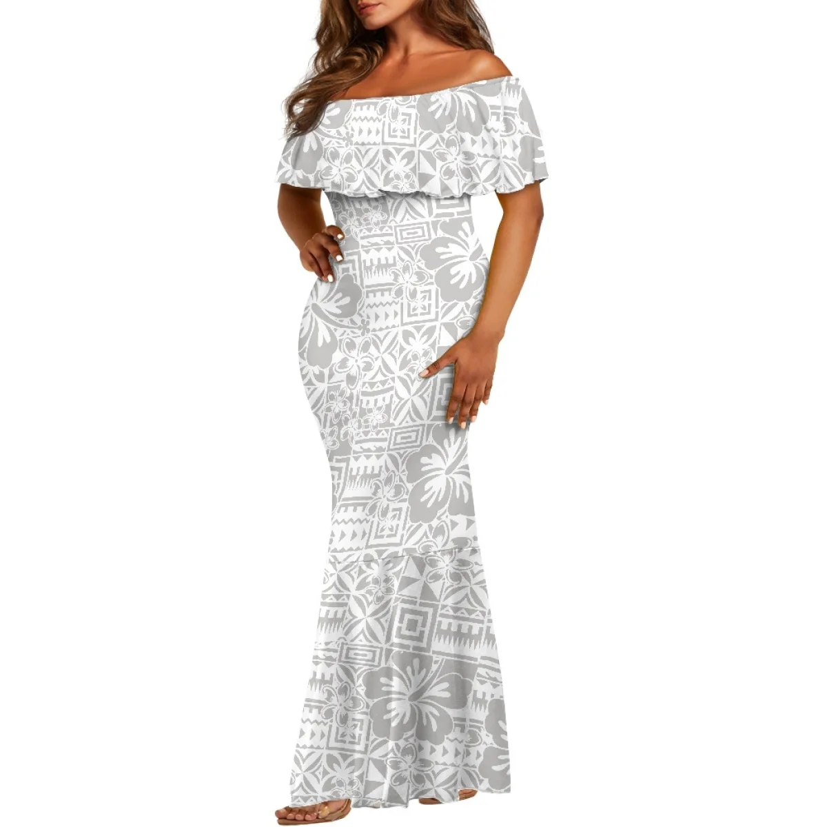 Gaun Putih Mingguan Gaya Pulau Polinesia, Pakaian Samoa, Gaun Mermaid Off Shoulder, Gaun Koktail Malam Bodycon Tribal Kustom