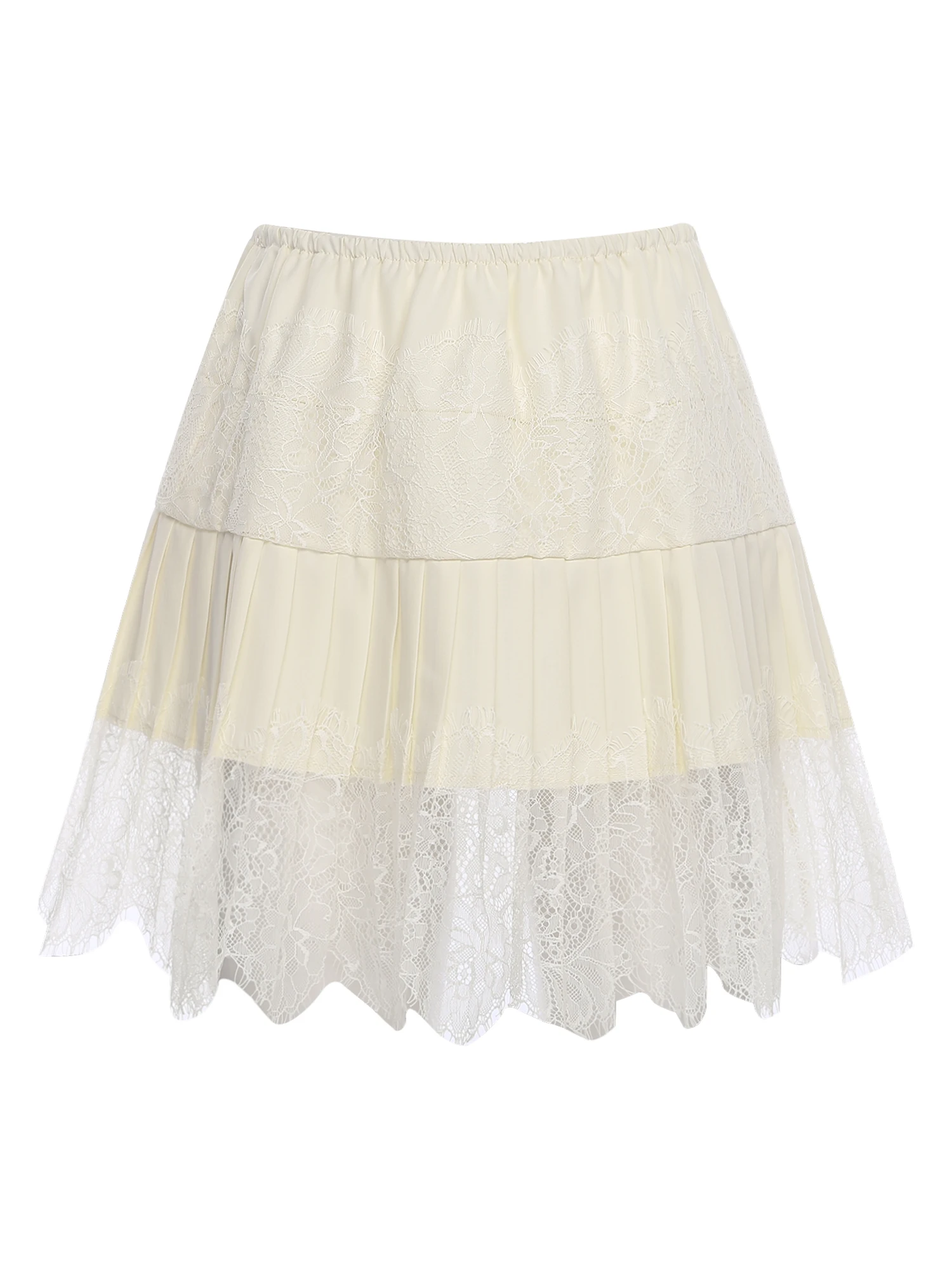 

Women High Waist Skirt Pleated Hem with Eyelash Lace Layer Elastic Waist Skirt Half Slip Petticoat Underskirt Lolita Dress