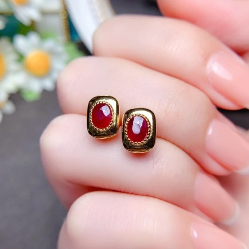 Simple 925 Silver Ruby Stud Earrings for Office Woman 4mm*6mm Burmese Ruby Earrings with 3 Layers 18K Gold Plated