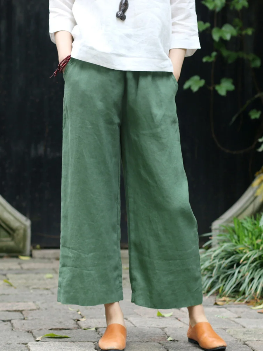 High Waist Loose Fit Cotton Linen Wide Leg Nine Point Pants Women's Artistic Retro Casual Trousers Summer Thin Model