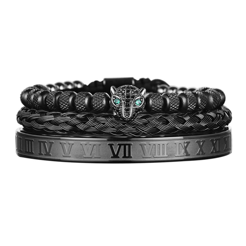 

3pcs/set hand-woven hip Hop men Titanium steel bracelet Zircon leopard head Roman Numeral bracelet fathers day gifts
