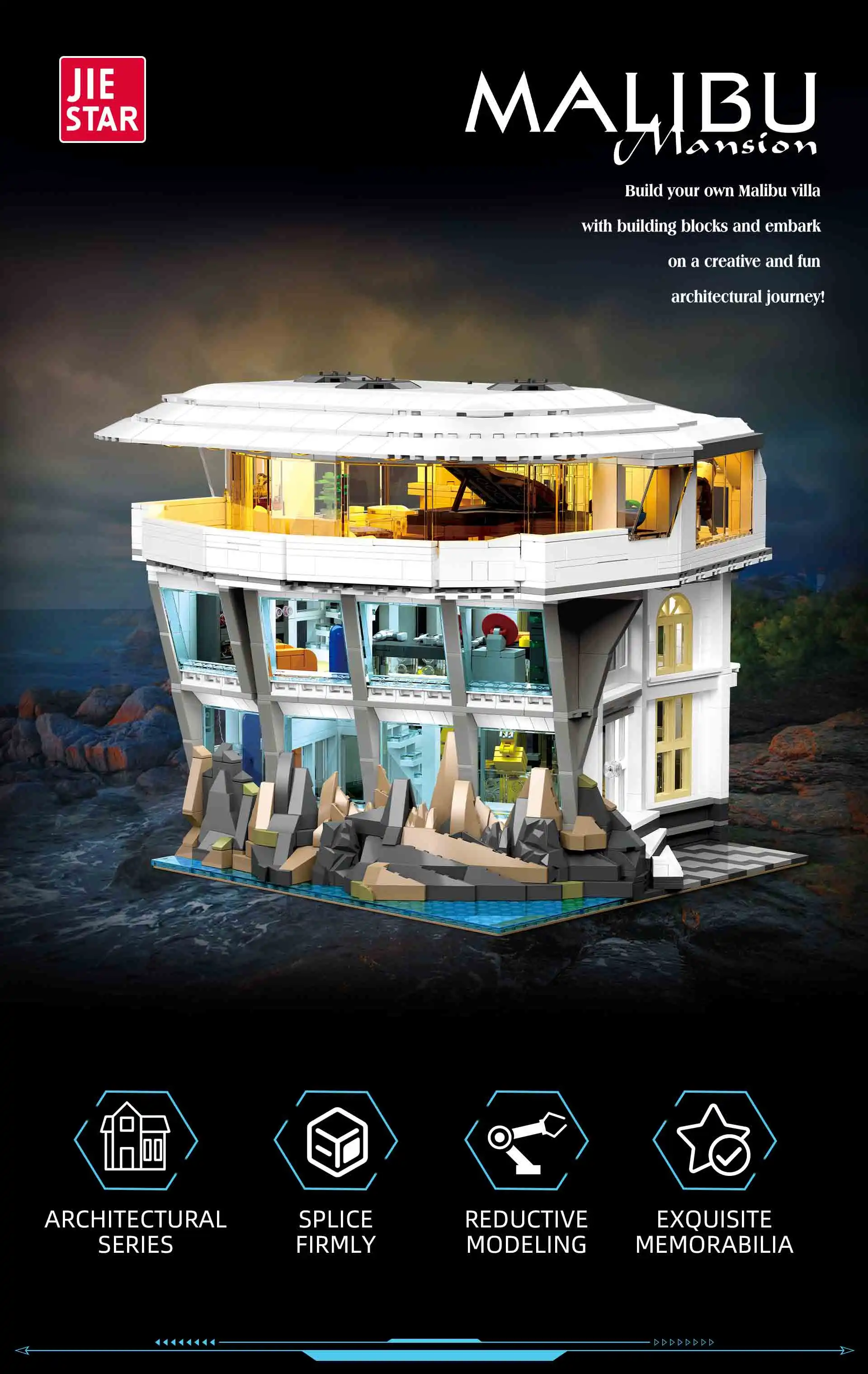 Kreative Marrvve 3284-teilige Malibu Bausteine Straßenansicht mit Beleuchtung Architekturmodell Ziegelstein-Spielzeug DIY Erwachsenen-Puzzle Geschenke – Detail 1