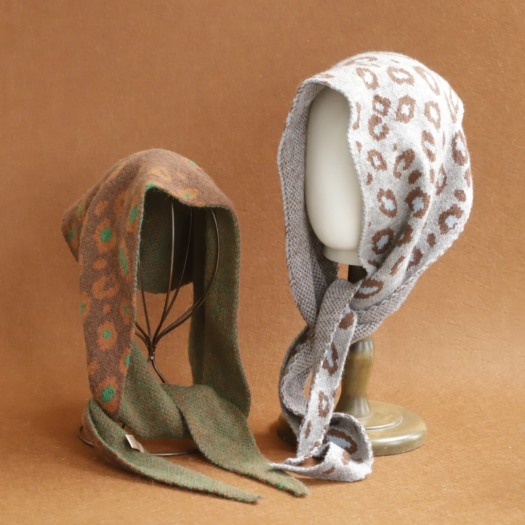 2026  Wool Korean leopard print Style Knitted Triangular Scarf Women Winter Warm Headscarf Shawl Multi-functional Neckerchief
