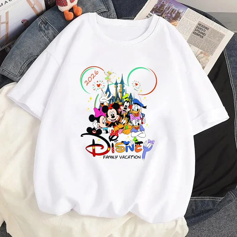 2026ชายMickey Mouse My First Disney Tripพิมพ์เสื้อยืดผู้หญิงฤดูร้อนลําลองแขนสั้นStreetwear Tเสื้อเสื้อผ้าTops