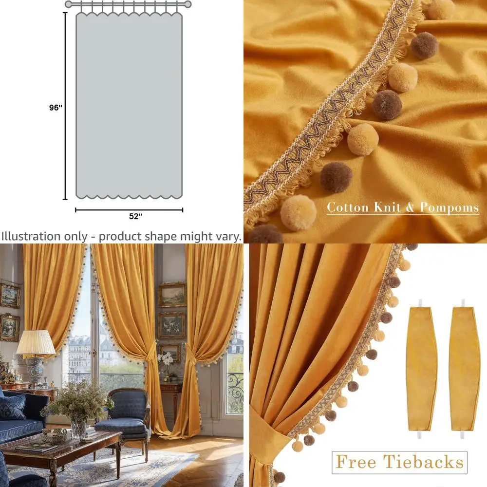 

Vintage-Style Gold Velvet Curtains with Pom Poms, 96 Length, 2-Panel Set for Festival Decor, Room Darkening & Heat Insulation