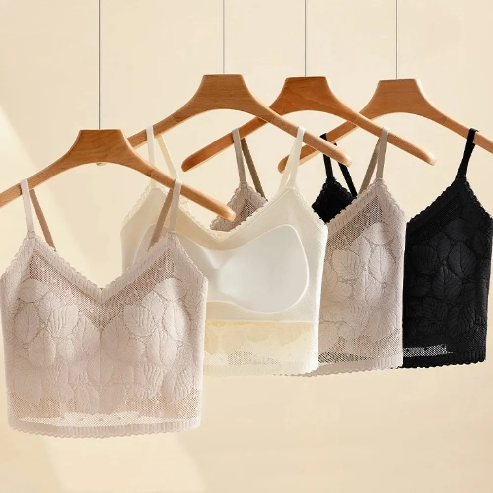 

Thin Bottoming Shirts Lace Deep V Camisole Leaf Shape with Chest Cushion Pads Lace Crop Tops Undershirt Sleeveless