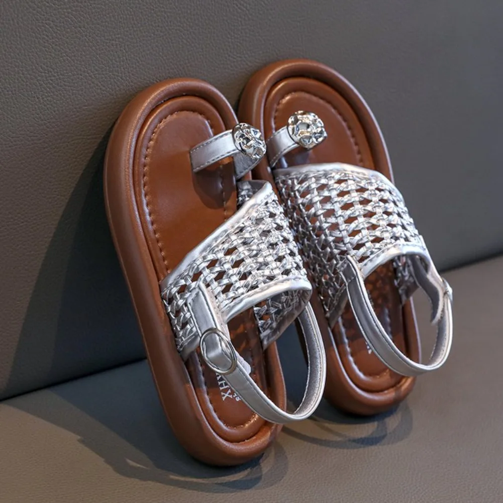 

Детские летние тканые шлепанцы с жемчугом для девочек, на плоской подошве, с закрытым носком, размеры 23-35